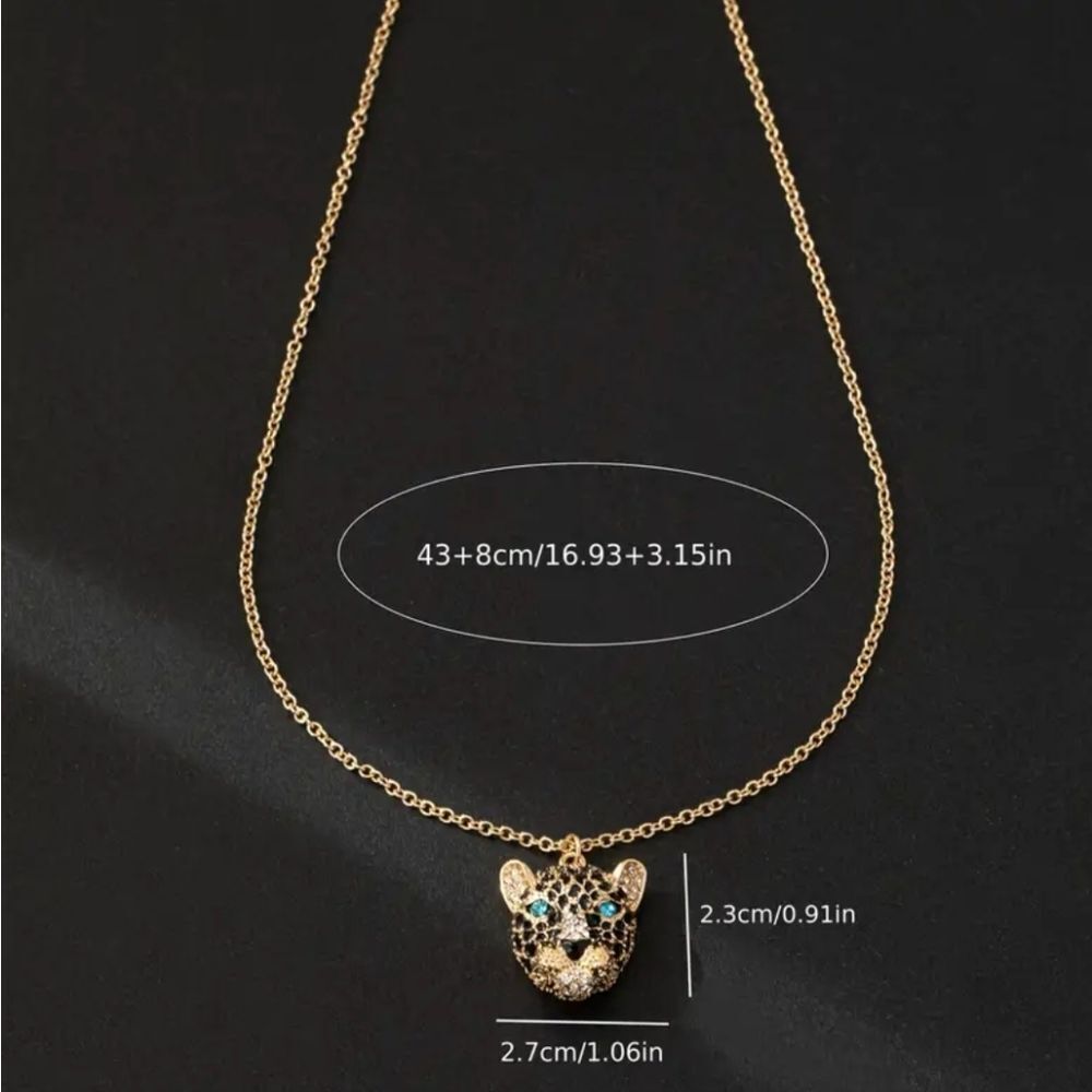 Gold Leopard Head Rhinestone Necklace - Picture 5 of 8